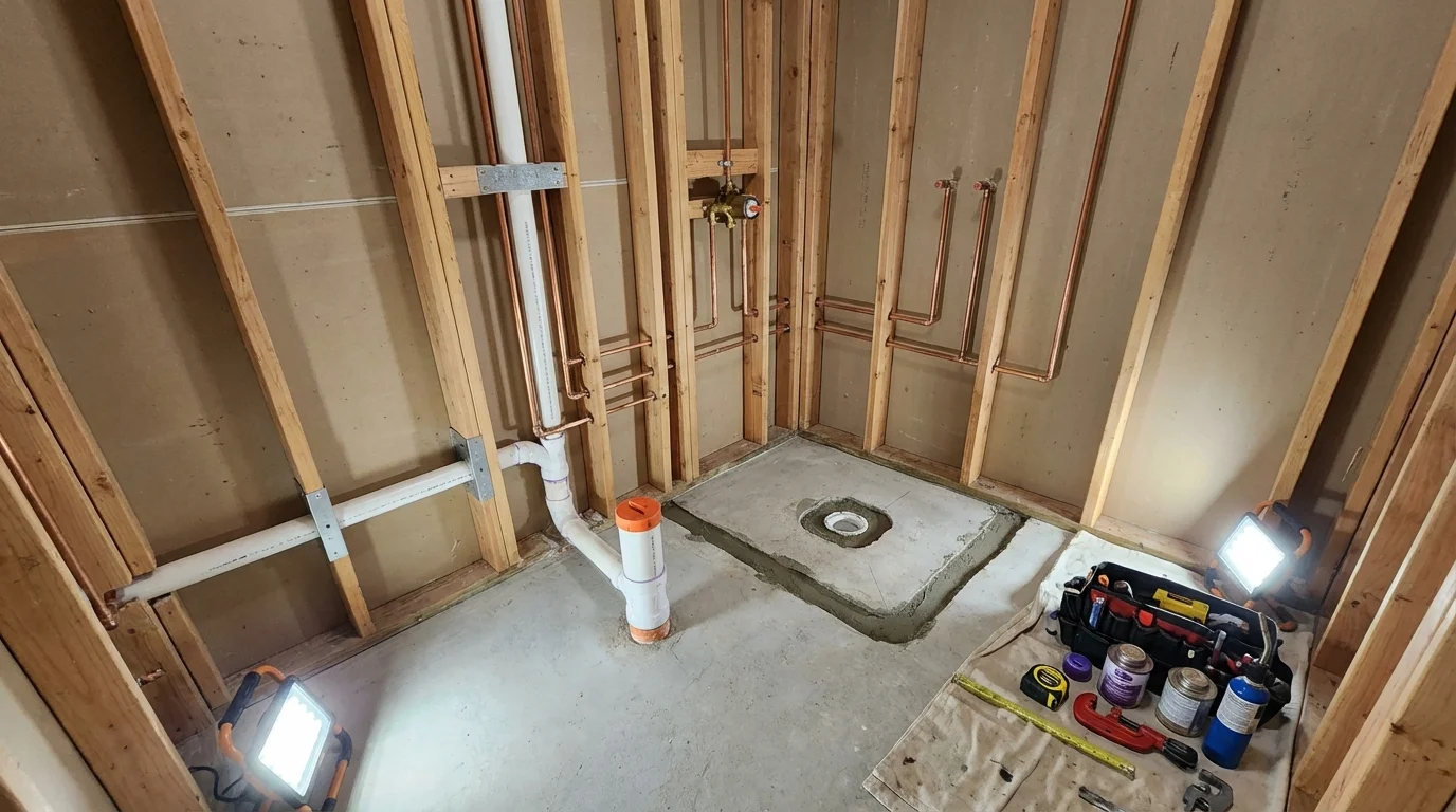 Bathroom rough-in plumbing during remodel by Johns Plumbing LLC in Lemont