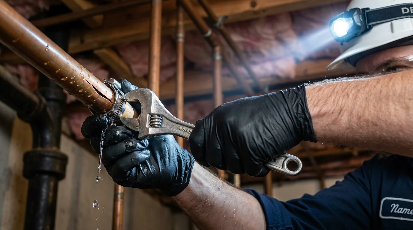 Emergency pipe clamp repair being performed by a Johns Plumbing LLC plumber in Lemont