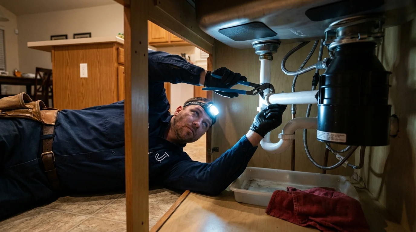 P-trap and supply line connections under a kitchen sink showing a common leak point in Lemont, PA
